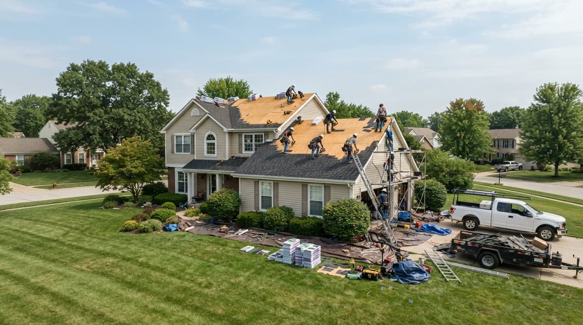 Aerial view of a crew re-roofing a house, with tarps and materials on the lawn