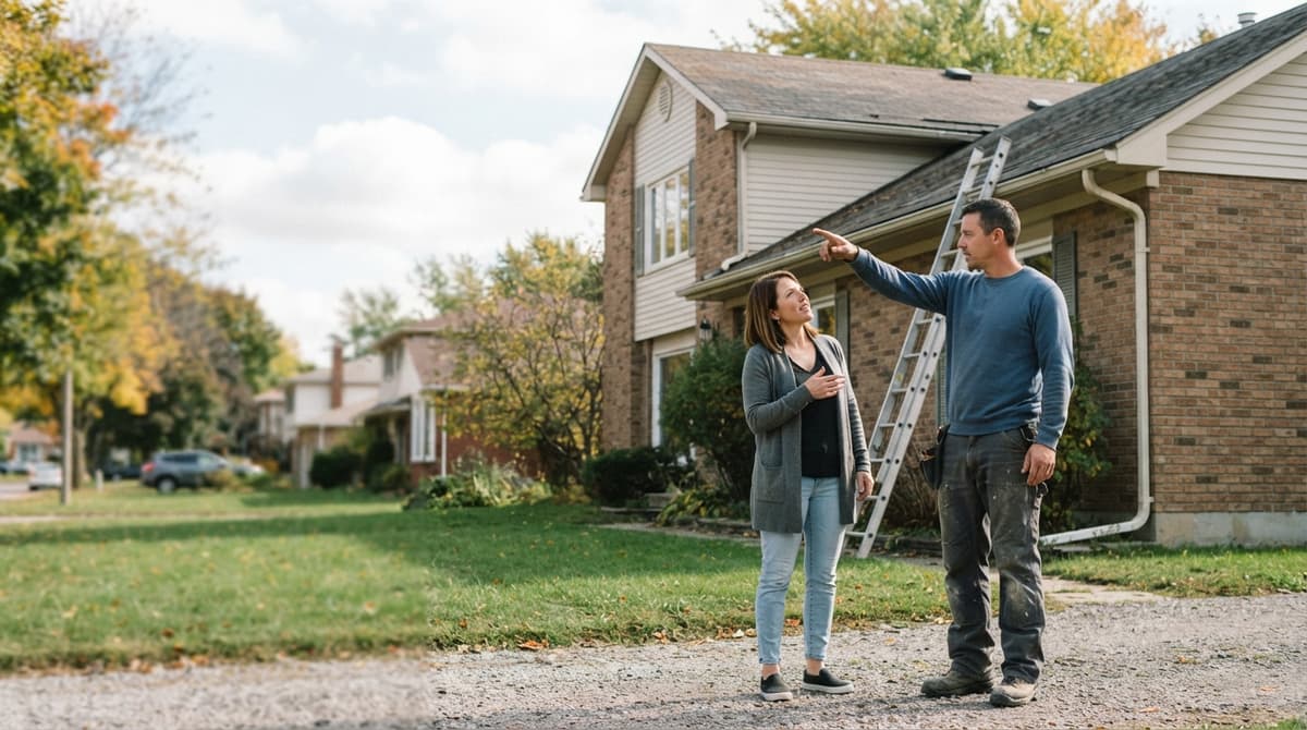 A roofer pointing up at the roof line while talking with the homeowner