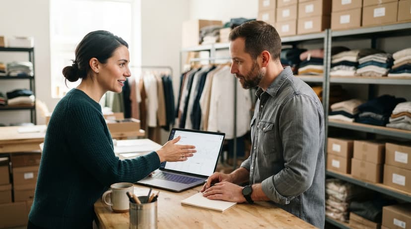 Two people working through what how to keep track of boutique inventory is telling them