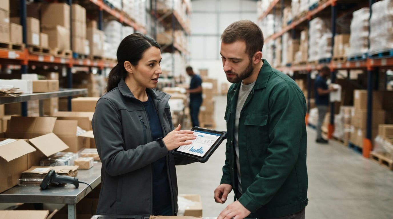 Two people working through what how to keep track of inventory in warehouse is telling them