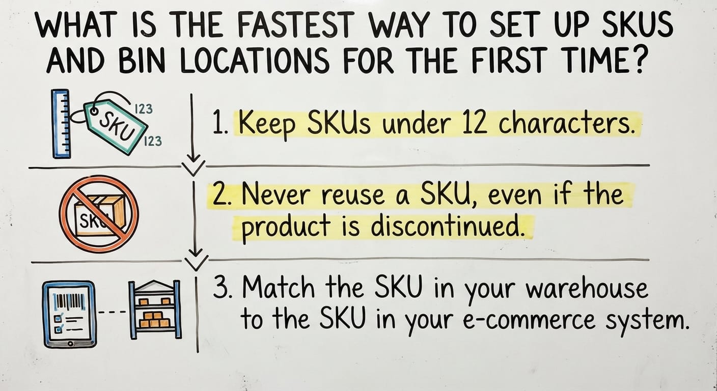 What Is the Fastest Way To Set Up SKUs and Bin Locations for the First Time?, drawn out