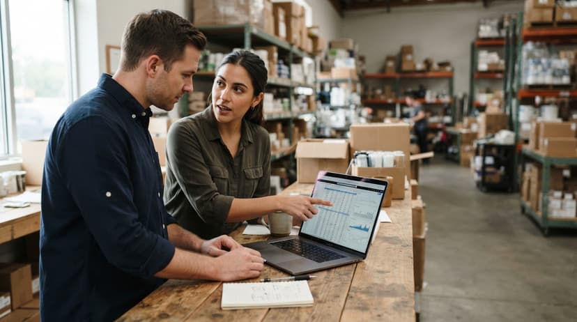 Two people working through what how to keep track of inventory on etsy is telling them