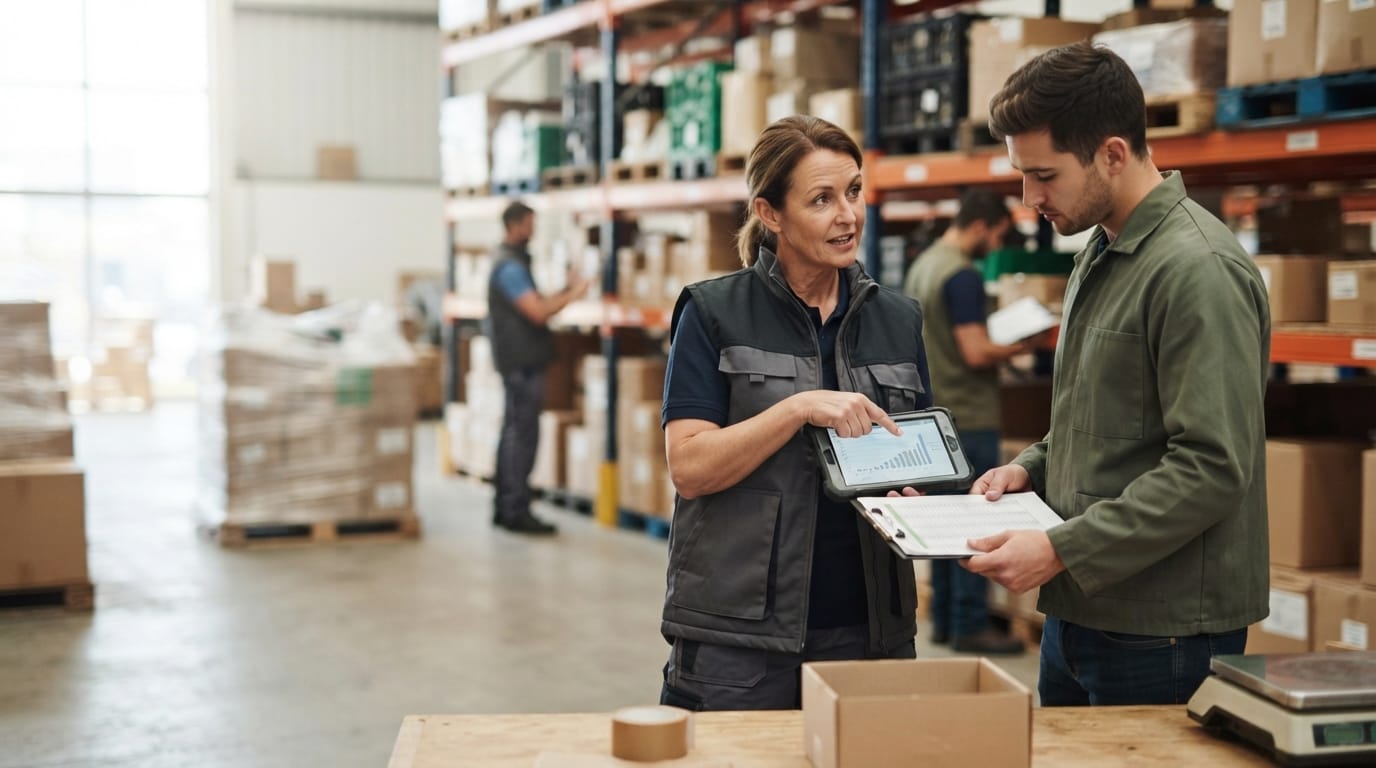 Two people working through what how to keep track of inventory small business is telling them