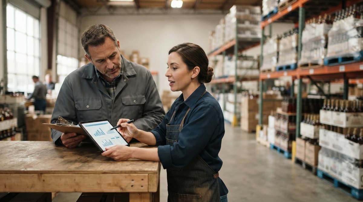 Two people working through what how to keep track of liquor inventory is telling them