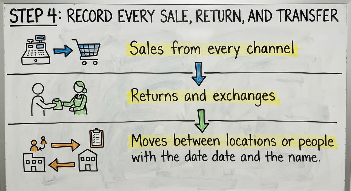 Step 4: Record Every Sale, Return, and Transfer, drawn out
