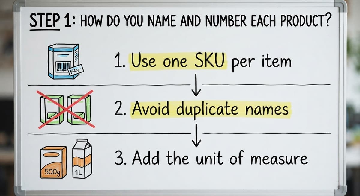 Step 1: How do you name and number each product?, drawn out