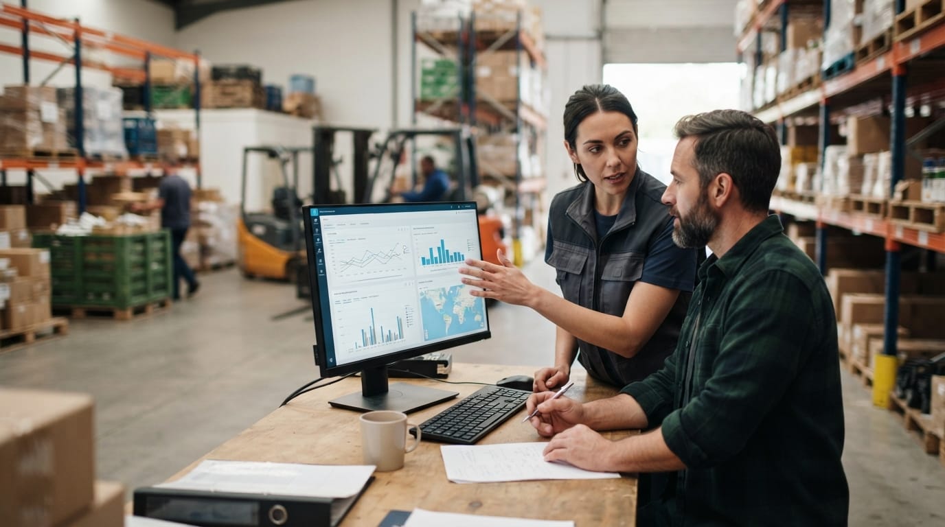 Two people working through what how to manage inventory for small business is telling them