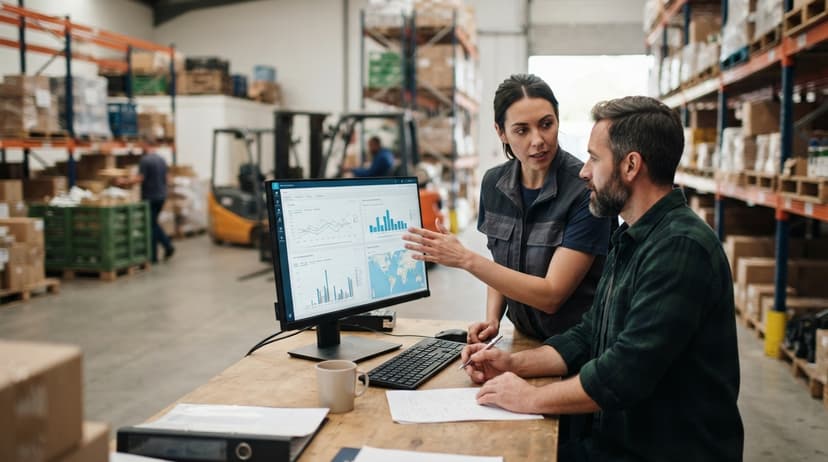 Two people working through what how to manage inventory for small business is telling them