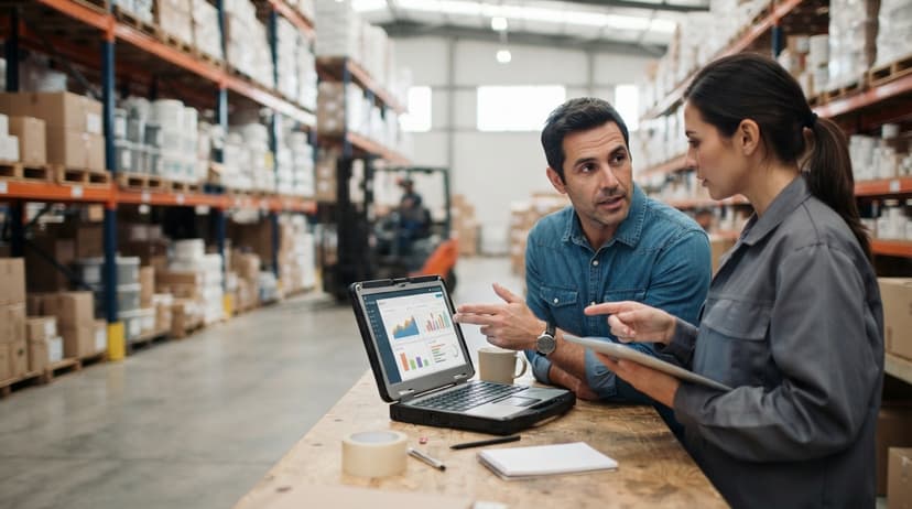Two people working through what how to organize inventory for small business is telling them