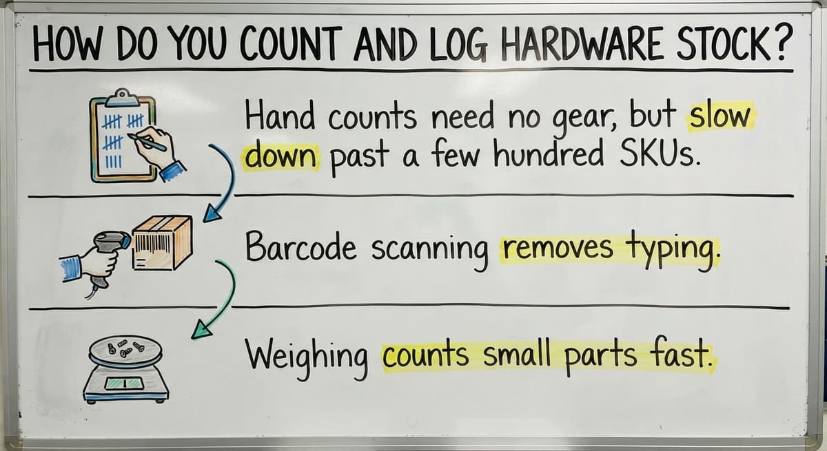 How do you count and log hardware stock?, drawn out