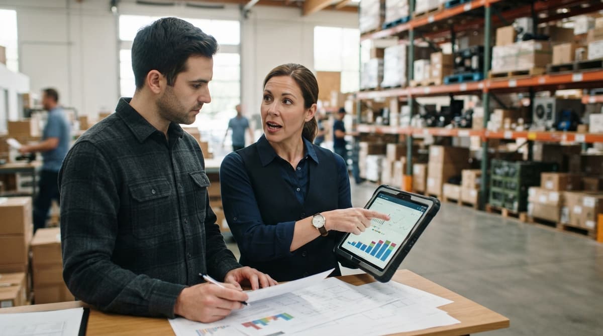 Two people working through what how to track hardware inventory is telling them
