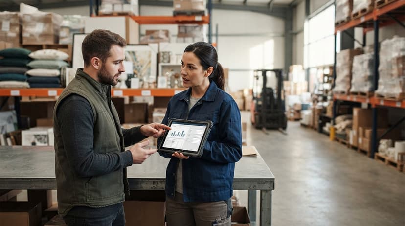 Two people working through what how to track inventory for home staging is telling them