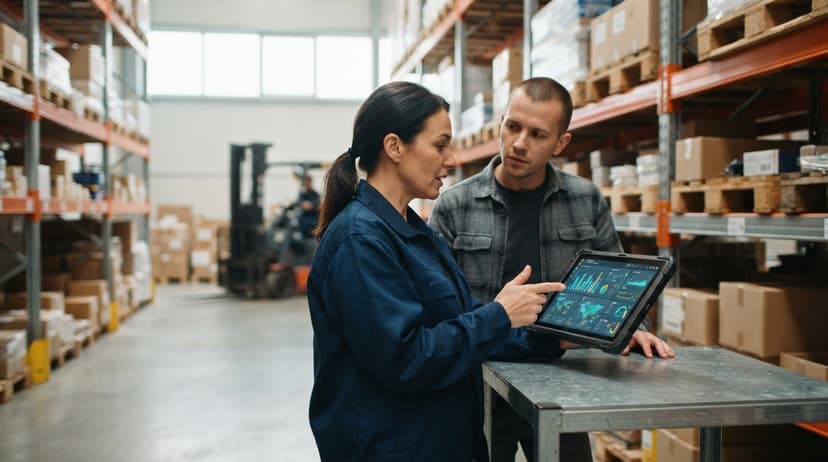 Two people working through what how to track inventory in real-time is telling them