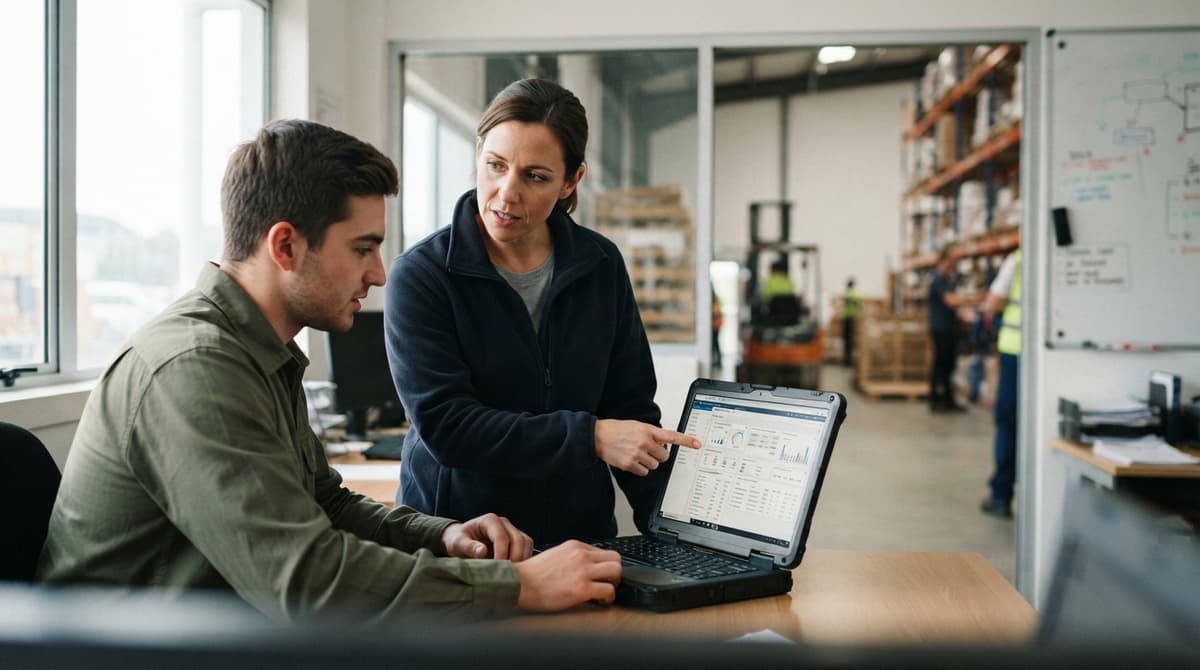 Two people working through what how to track inventory online is telling them