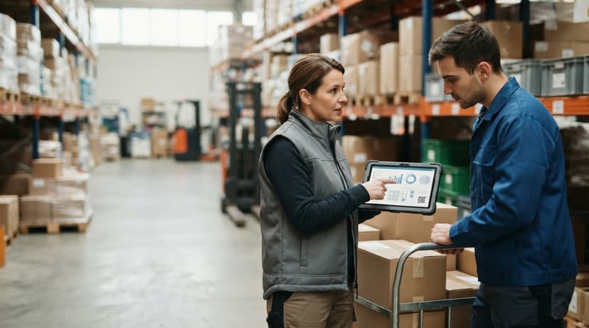 Two people working through what how to track inventory with qr code is telling them