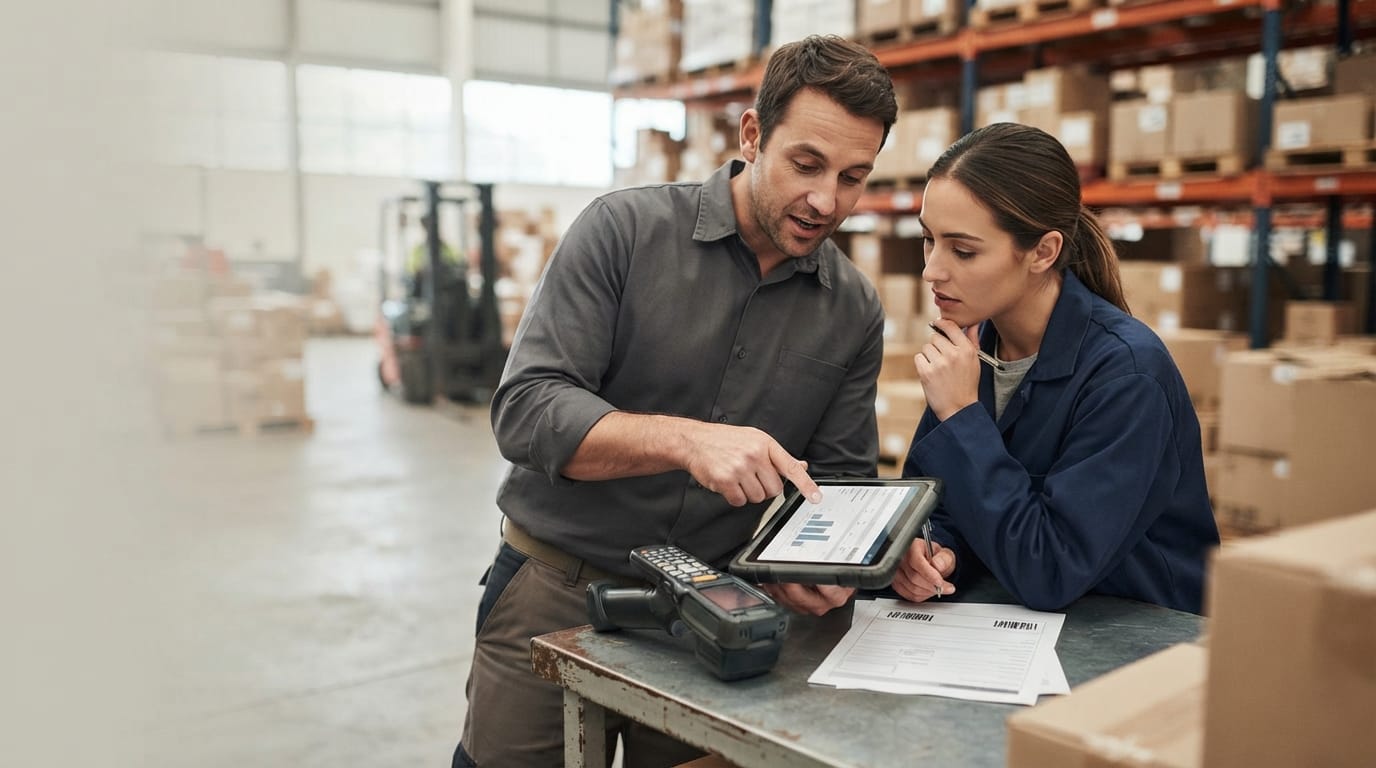 Two people working through what how to use a barcode scanner is telling them