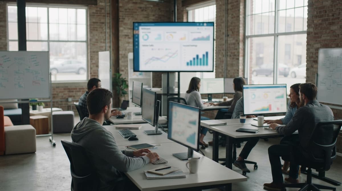 A small marketing team at desks reviewing website analytics on large monitors