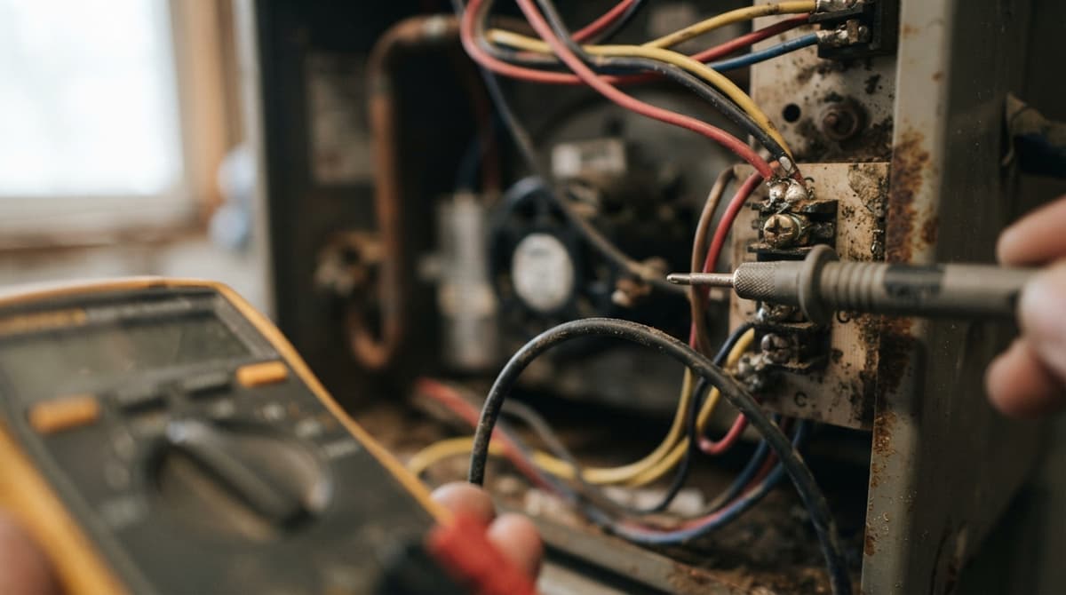 A technician testing furnace wiring with a multimeter
