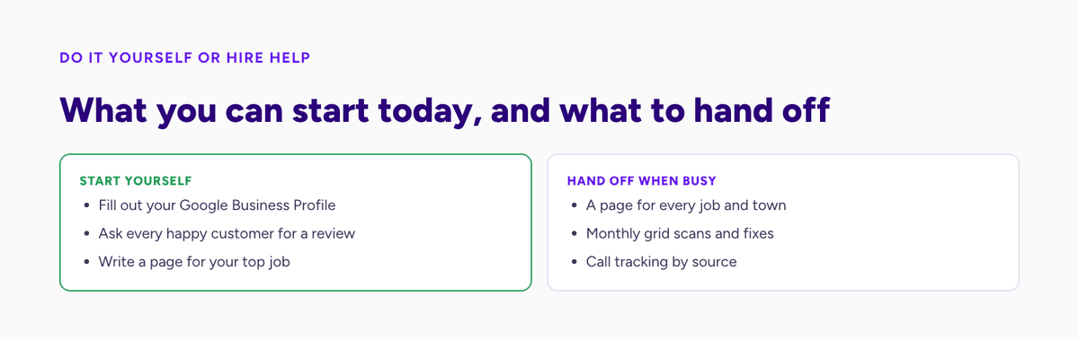 HVAC SEO tasks an owner can start alone compared with tasks to hand off when busy