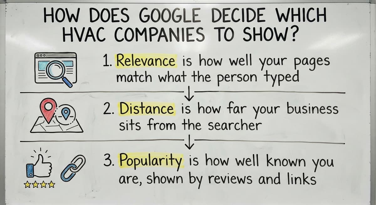 Whiteboard of Google's three local factors: relevance, distance and popularity