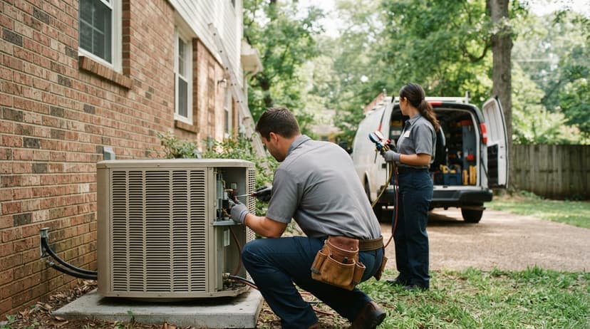 An HVAC technician servicing an outdoor AC unit beside a brick house