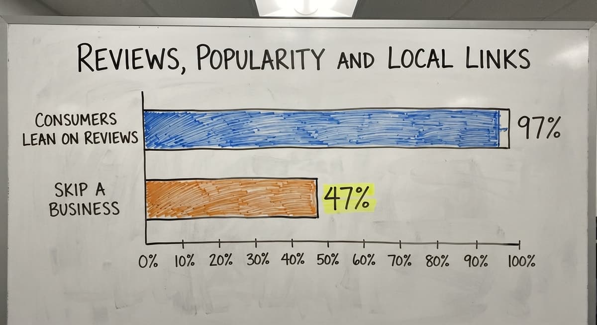 Hand-drawn chart: 97% of consumers read reviews, 47% skip a business with fewer than 20