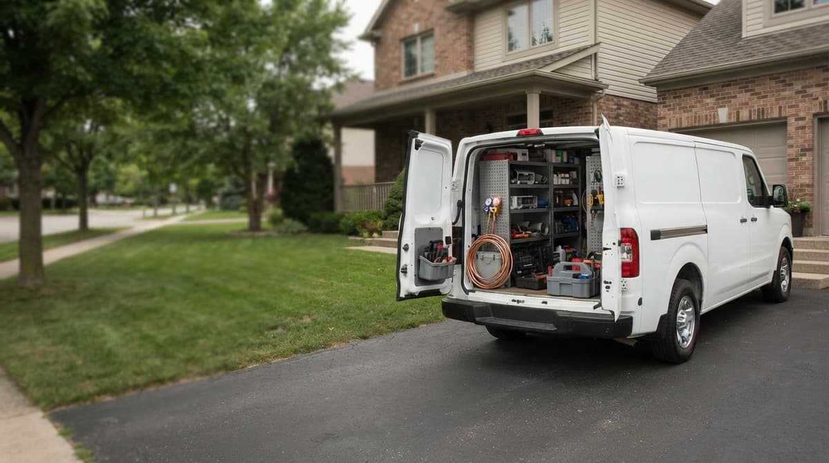 An HVAC service van parked in a driveway with its tools on racks