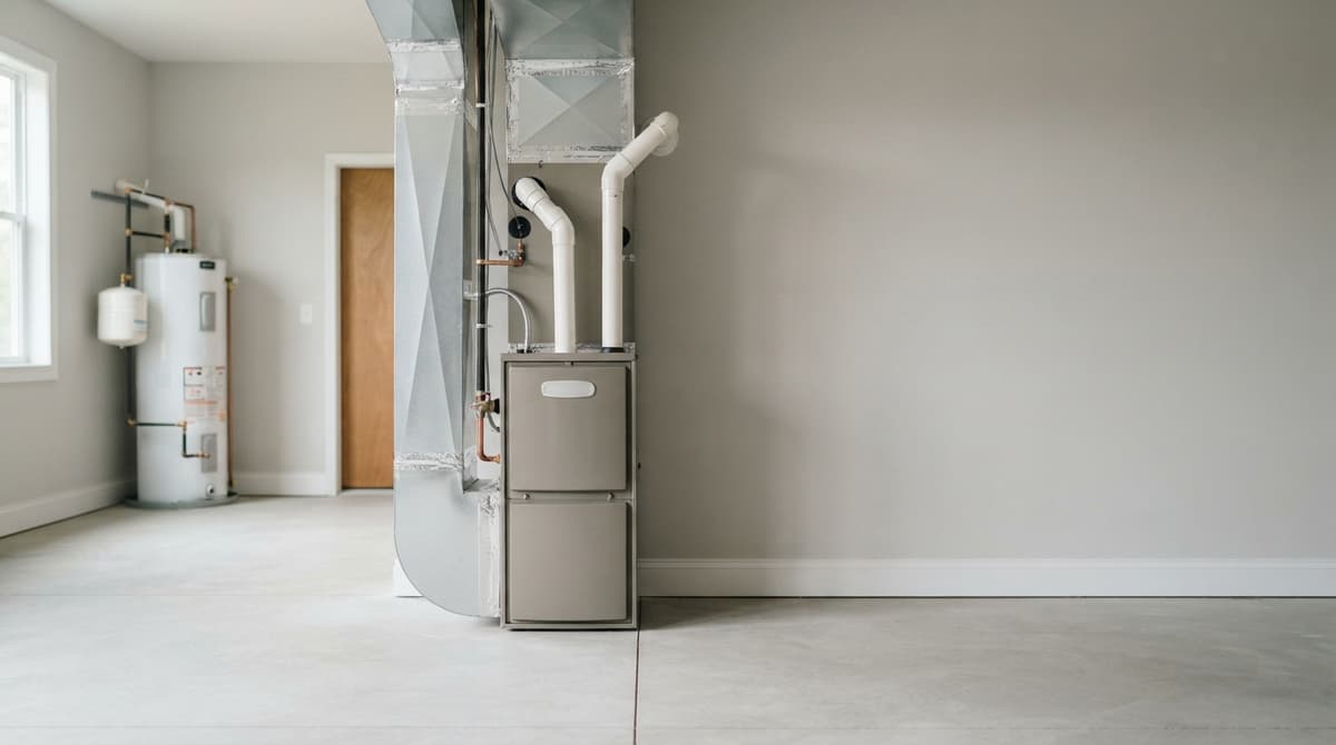 A new furnace and water heater installed in a clean utility room