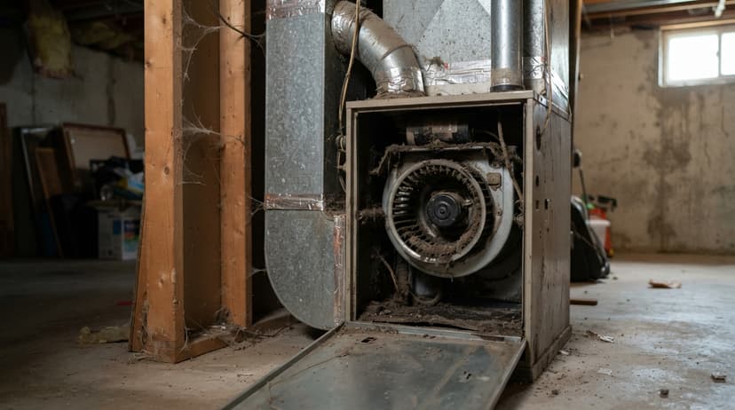 An old furnace with its panel off in an unfinished basement