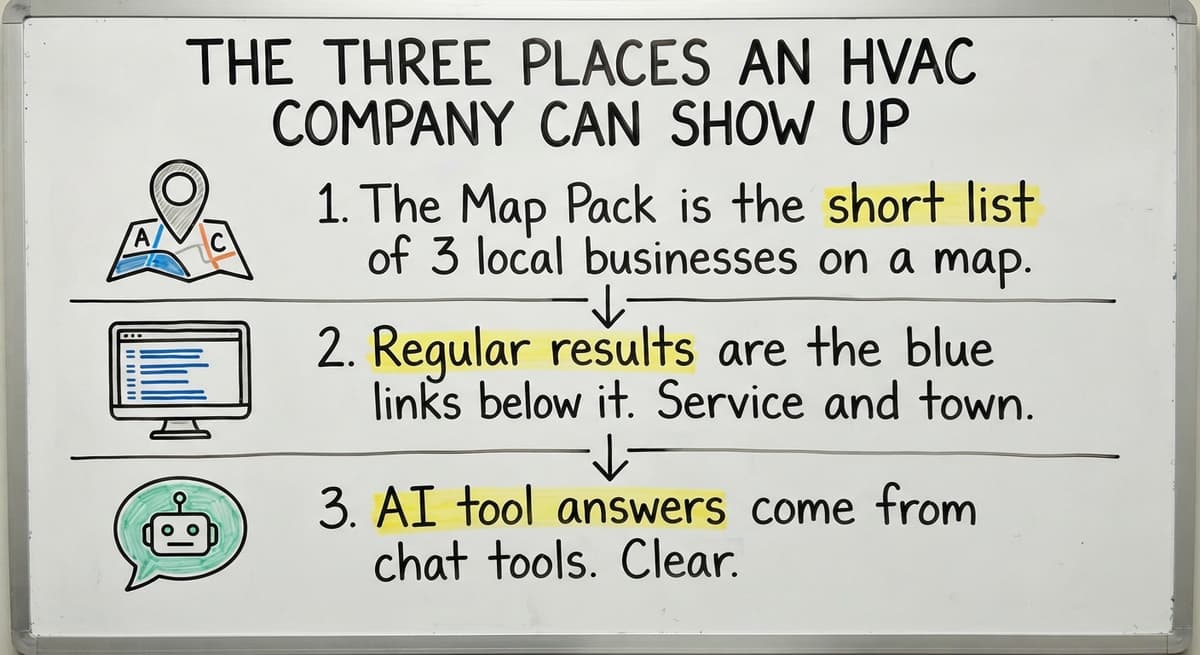 Whiteboard of three places to show up: the Map Pack, regular results and AI tool answers