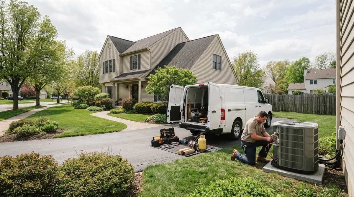 An HVAC van and technician at a condenser in a suburban yard