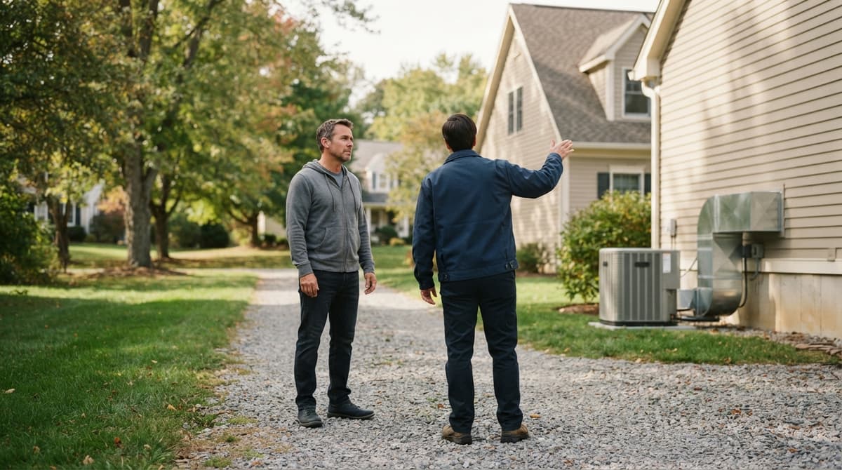 A technician and a homeowner talking beside the outdoor AC unit