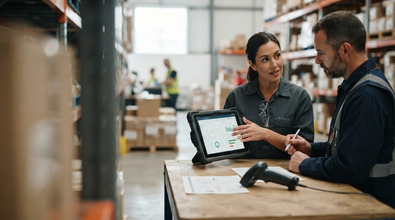 Two people working through what imager barcode scanner is telling them