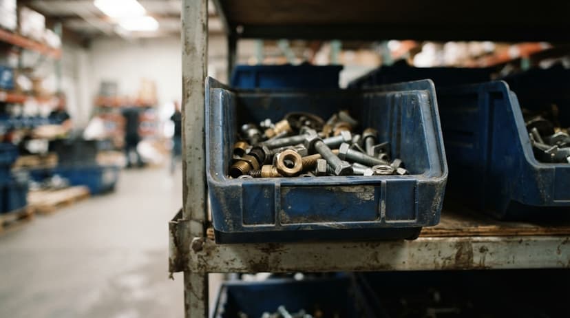Close detail from the work inventory bin system supports