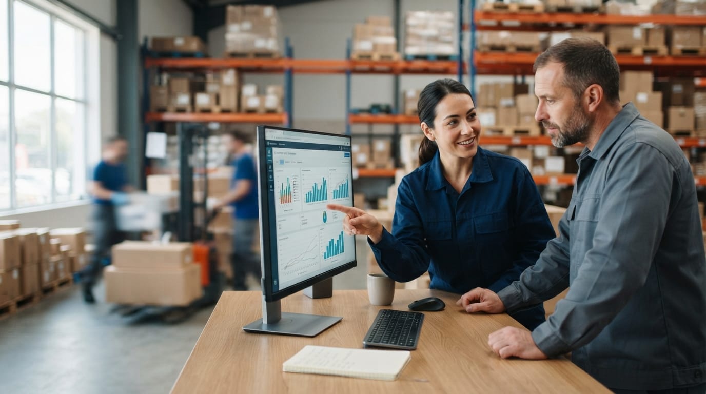 Two people working through what inventory control for small business is telling them