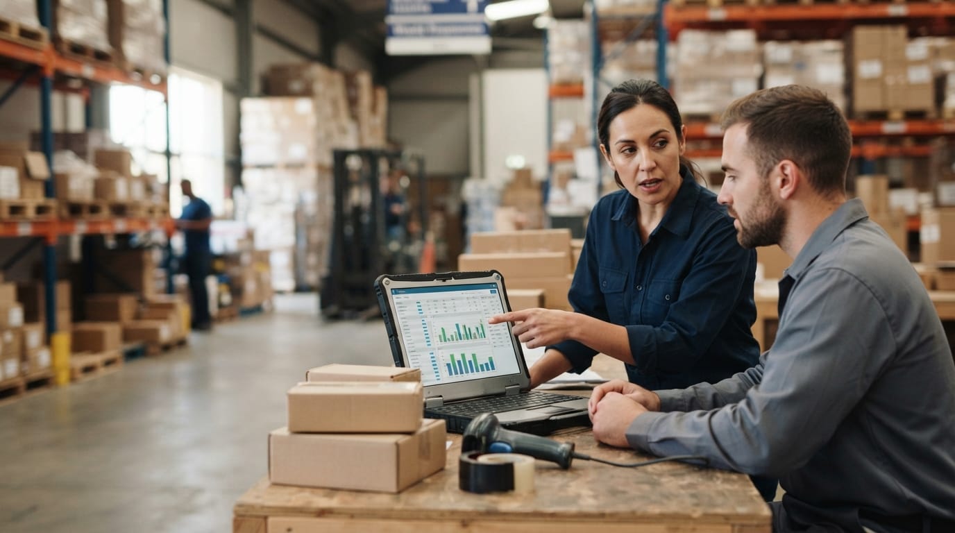 Two people working through what inventory control software for small business is telling them