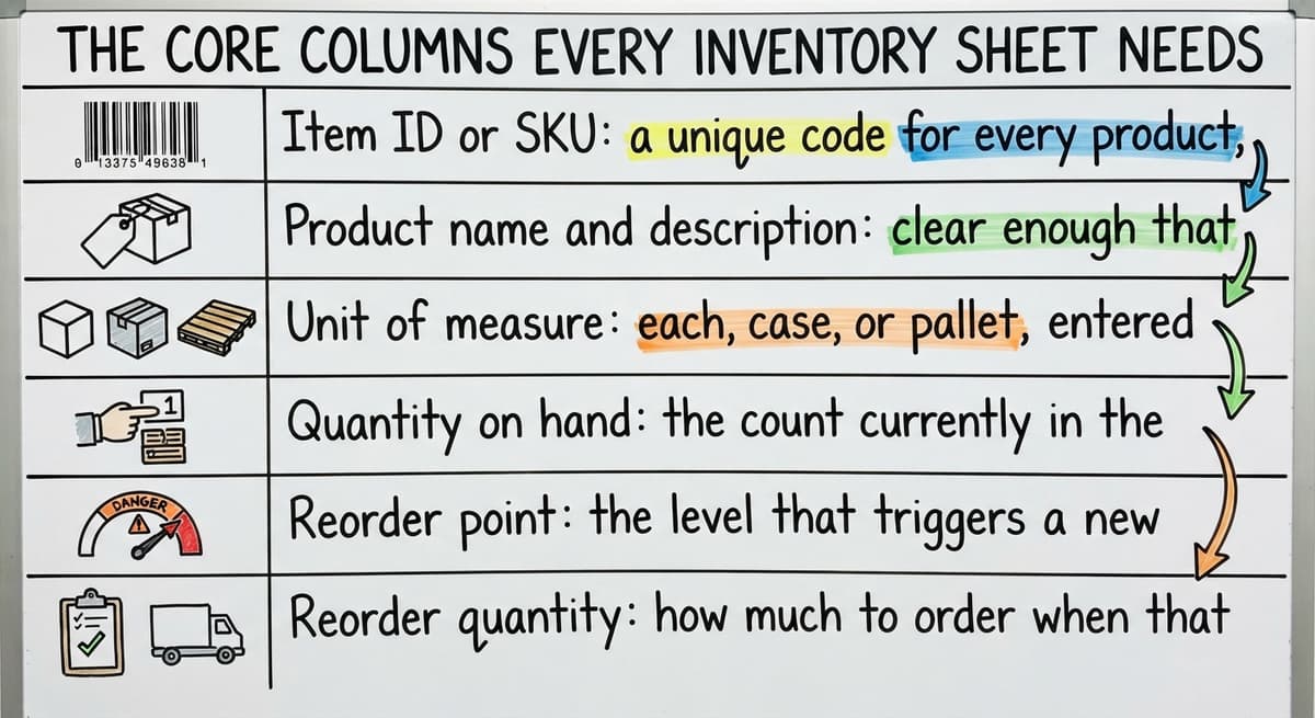 The Core Columns Every Inventory Sheet Needs, drawn out