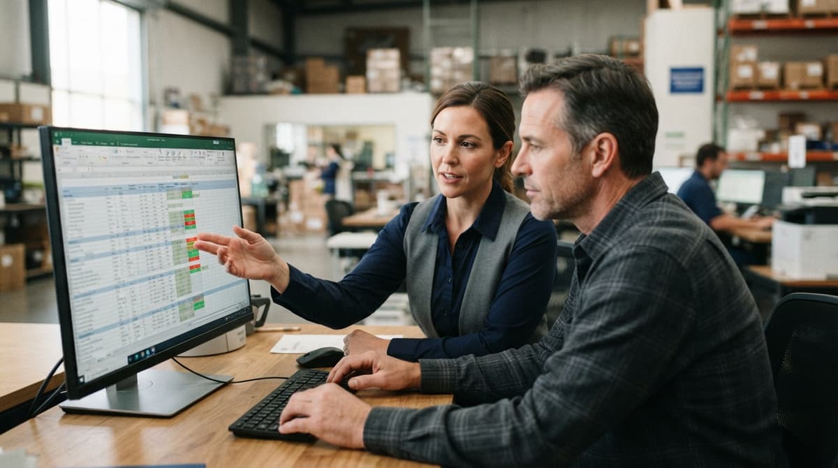Two people working through what inventory format in excel is telling them