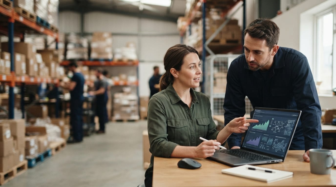 Two people working through what inventory management small businesses is telling them
