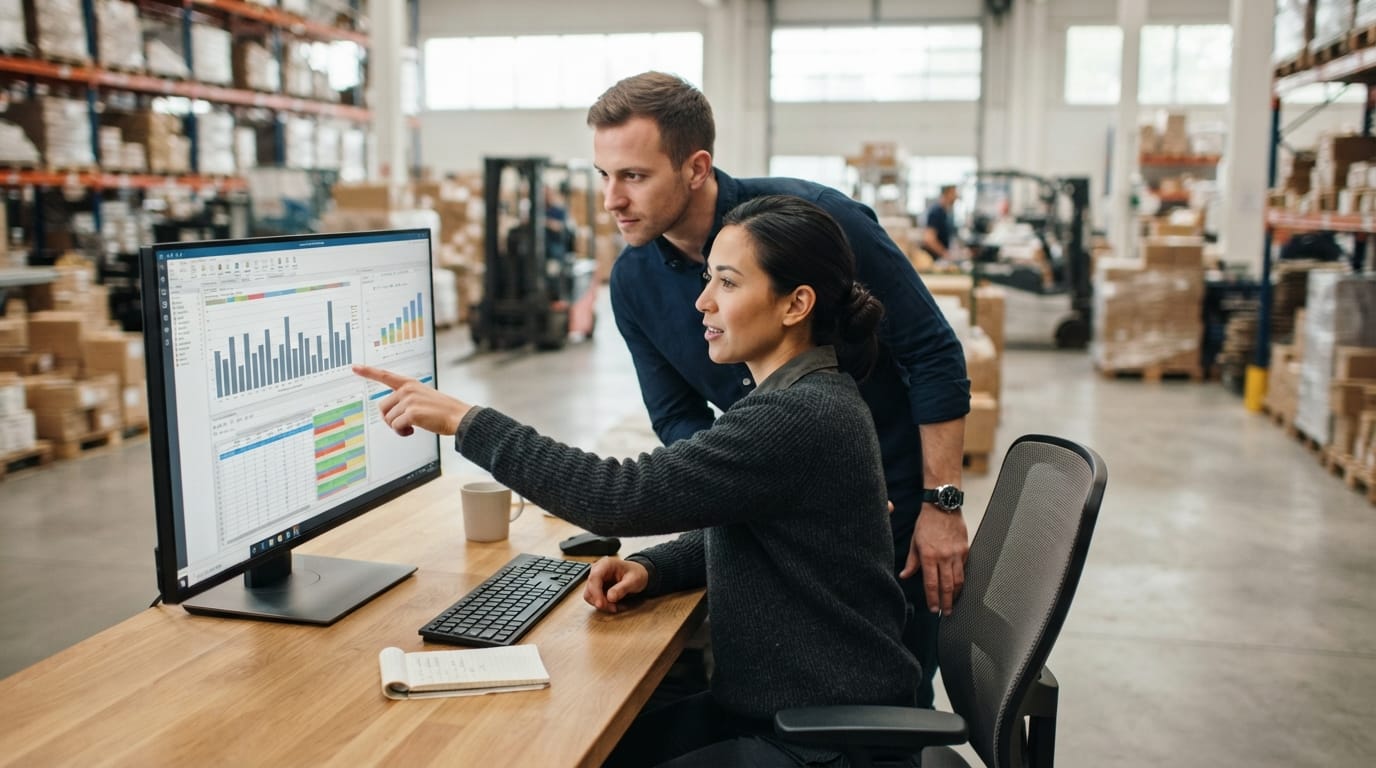 Two people working through what inventory sales software small business is telling them