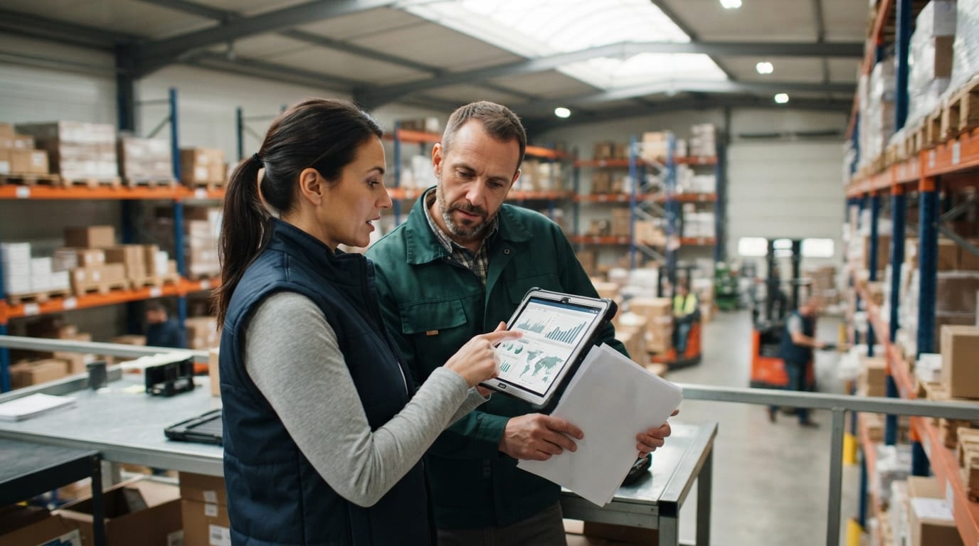 Two people working through what inventory software warehouse is telling them