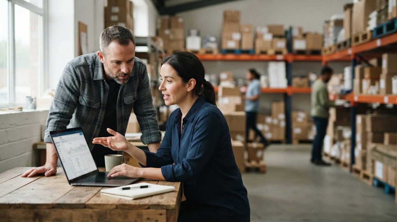 Two people working through what inventory system for small business is telling them