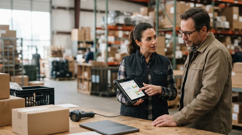 Two people working through what inventory tracking systems for small businesses is telling them