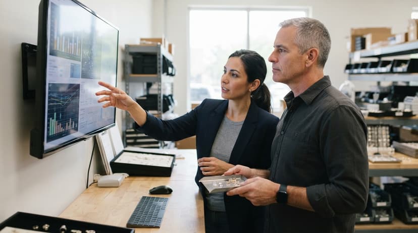 Two people working through what jewelry inventory management is telling them