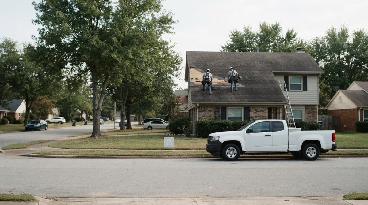 Two roofers working on a house roof with their pickup truck parked out front