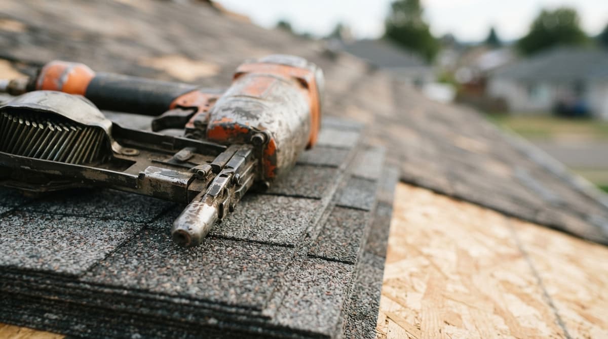 A roofing nailer resting on a stack of new shingles on a roof deck