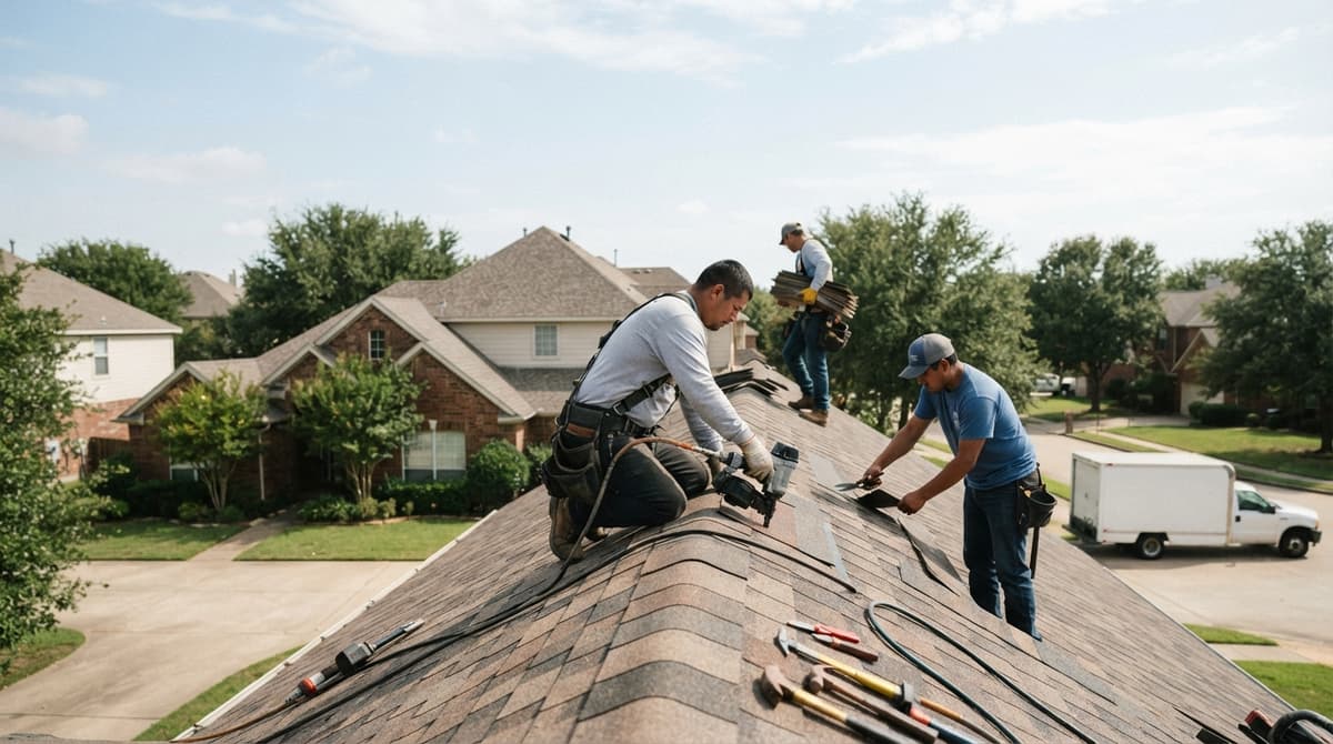 Roofers replacing shingles on a suburban home, with a work truck in the street below