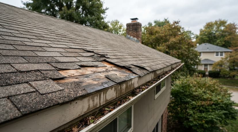 Lifted, damaged shingles along the edge of a roof above a clogged gutter