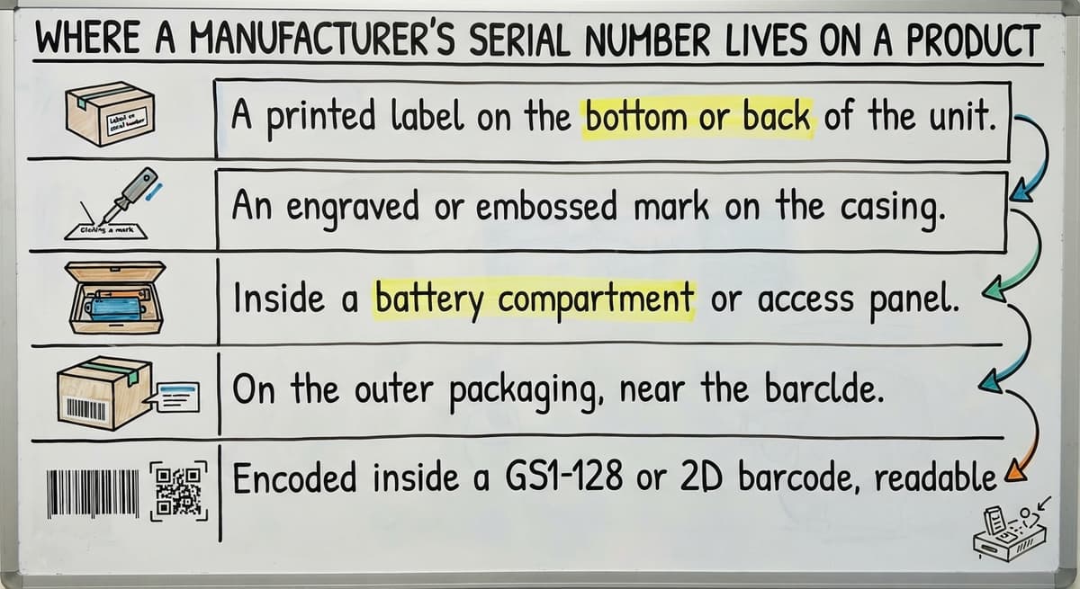 Where a Manufacturer's Serial Number Lives on a Product, drawn out