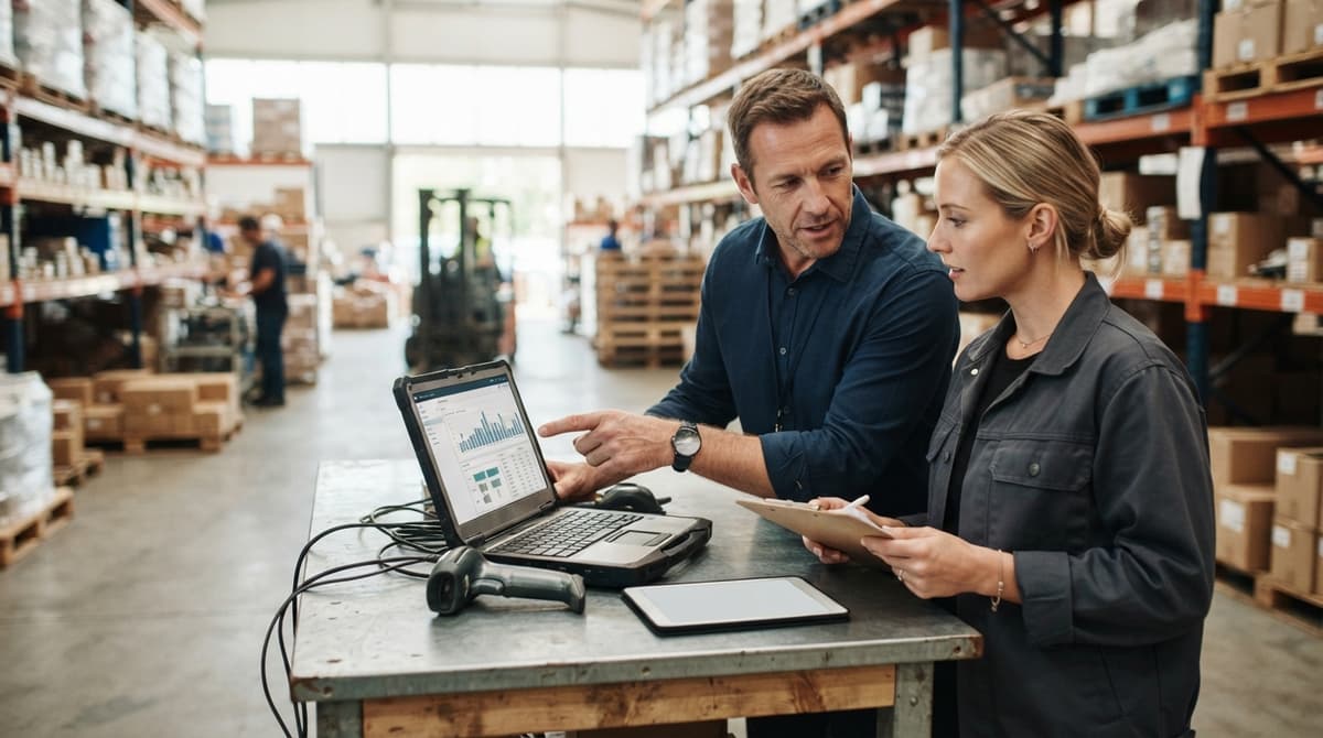 Two people working through what manufacturing inventory management software is telling them